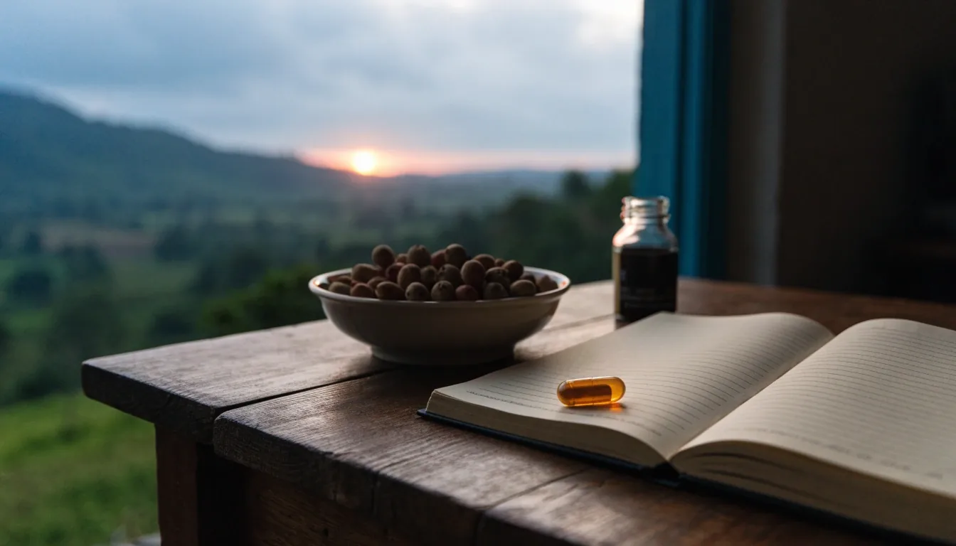 Cold morning light falling across a wide work table holding an open ruled ledger, a glass bottle and a single amber capsule
