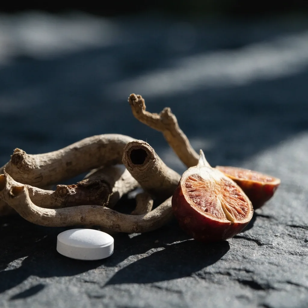 Dried purwoceng root fragments and saw palmetto berries on dark stone beside a single white tablet