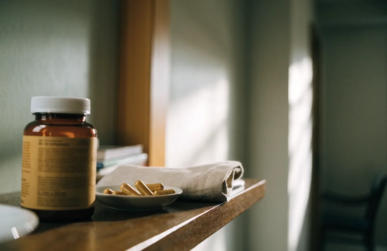 Supplement bottles, a measuring spoon and capsules arranged on cool paper under a single window shaft