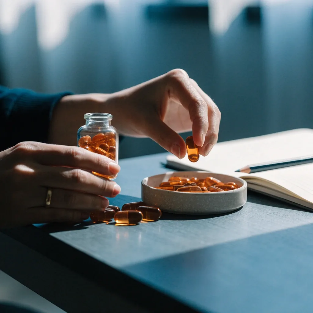 An editorial desk with a ruled notebook, pencil, and a small vial of capsules under cool morning light.
