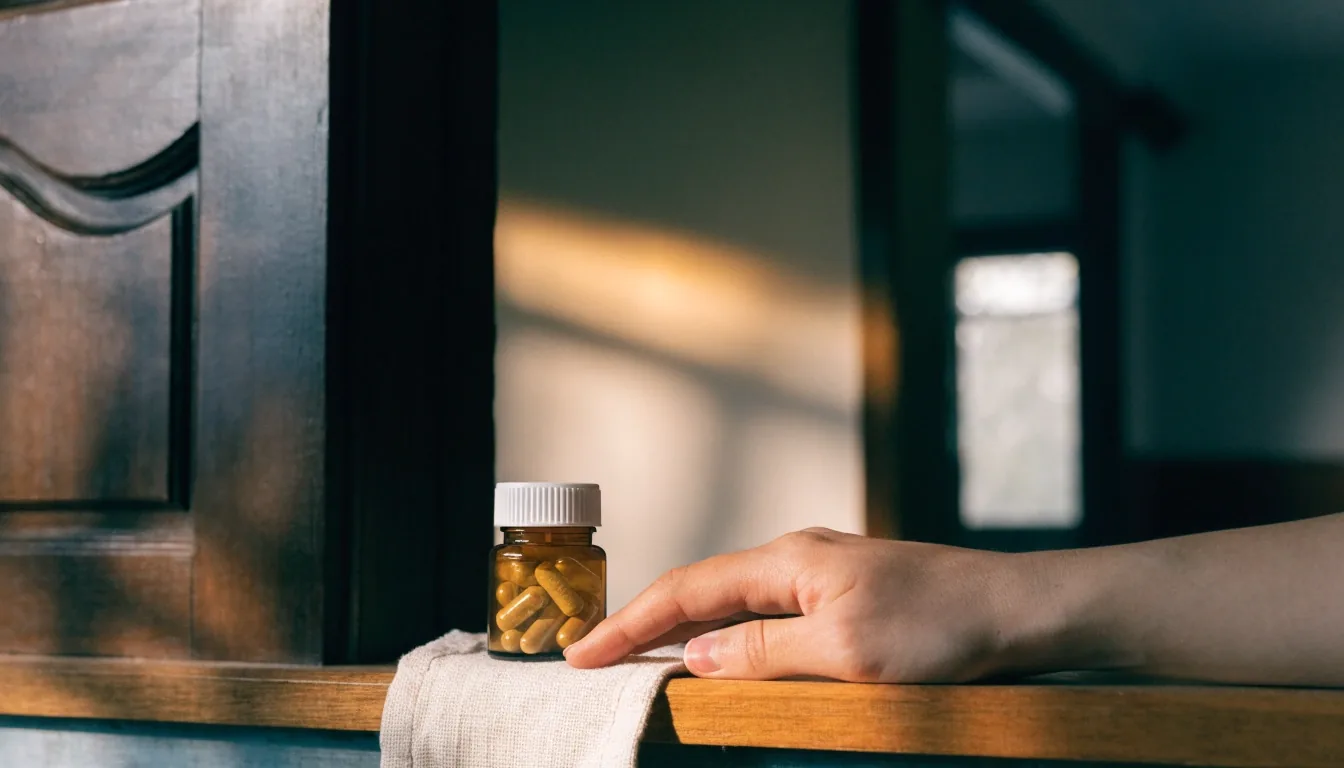 Open ruled ledger on a pine table under cold morning light, with an unlabelled bottle in the soft-focus middleground