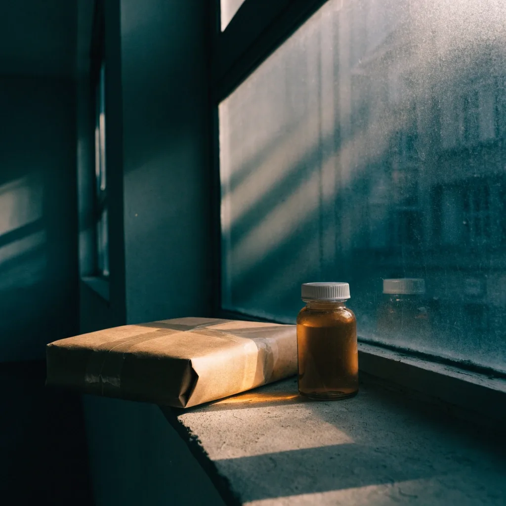 Quiet office window ledge with a closed notebook and pen in cold morning daylight