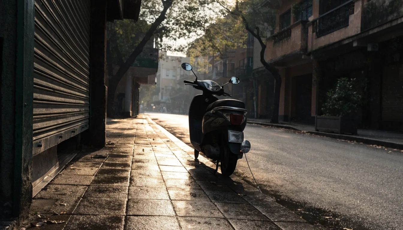 Quiet Semarang side street in cool morning light with a part-raised shopfront shutter