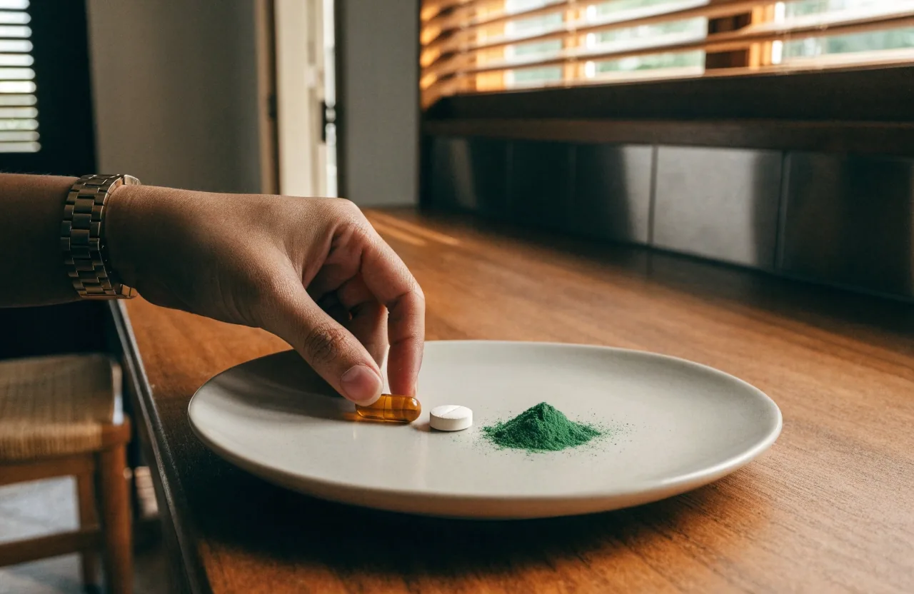 A capsule, a tablet and a powder scoop laid in a row on cool paper