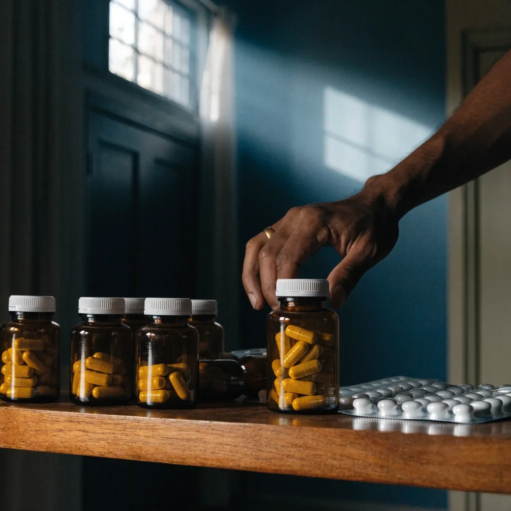 Supplement bottles and a blister strip stored together on a cool shelf