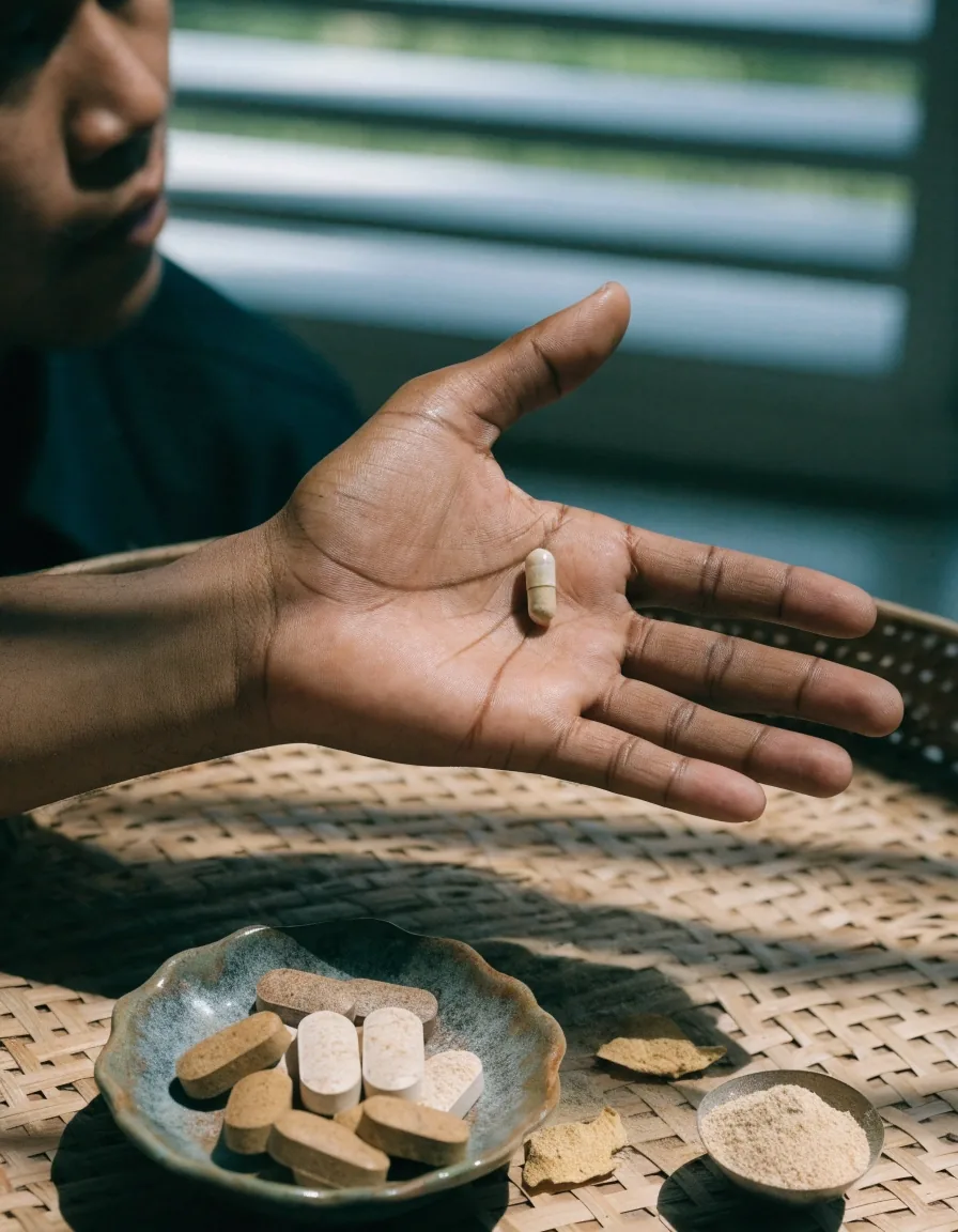 Three supplement formats — a loose capsule, a pressed tablet, and a small powder scoop with dried plant fragments — arranged in rows on cool paper