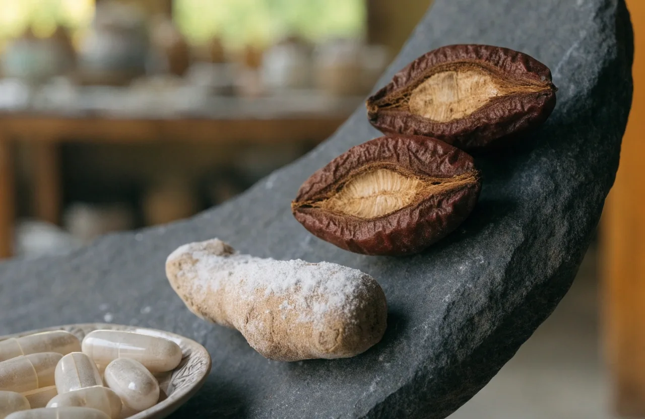 Dried saw palmetto berry halves and a root fragment arranged on dark cool stone beside a dish of capsules