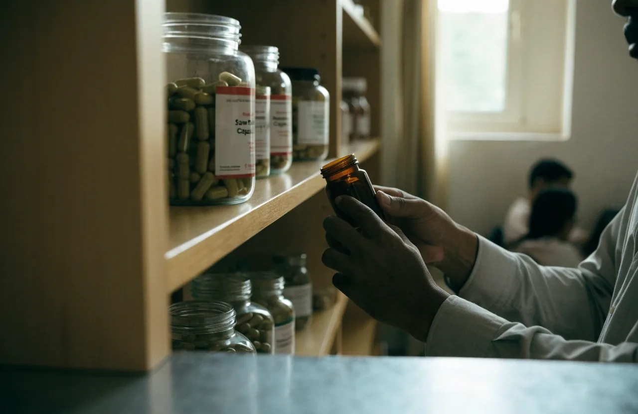 Hands turning a plain bottle on a cold worktop, with a folded paper strip held out of focus