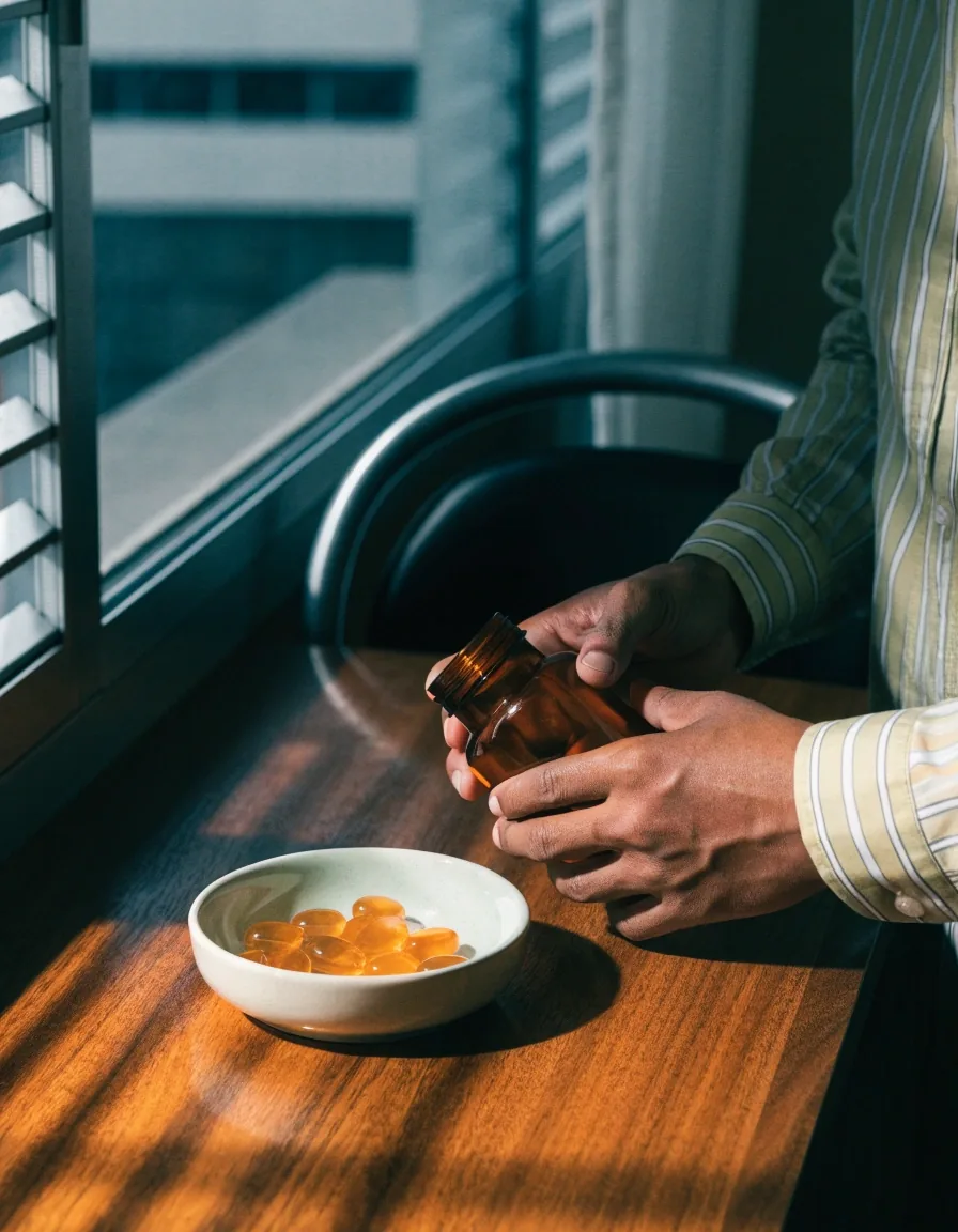 A man sitting across a desk from a pharmacist in a cool daylight consultation room