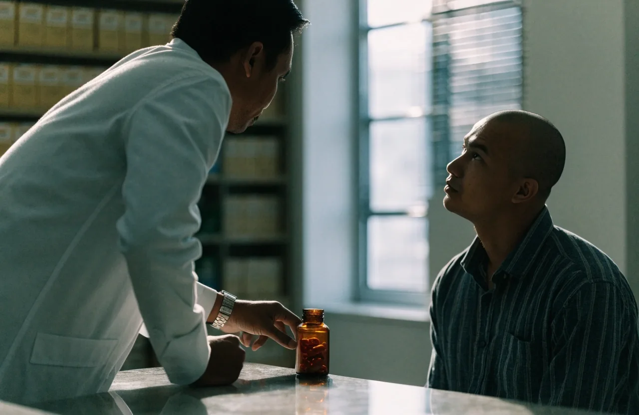 A man speaking with a pharmacist at a counter in cool morning light