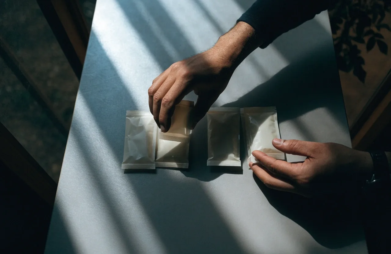 A man's hands arranging unlabelled supplement packs into two rows on a cool table