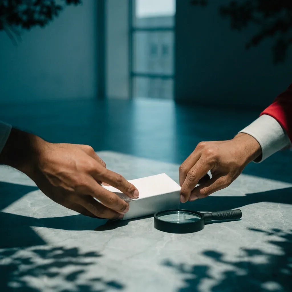 A man's hands turning a plain supplement box over on a cool table beside a magnifier