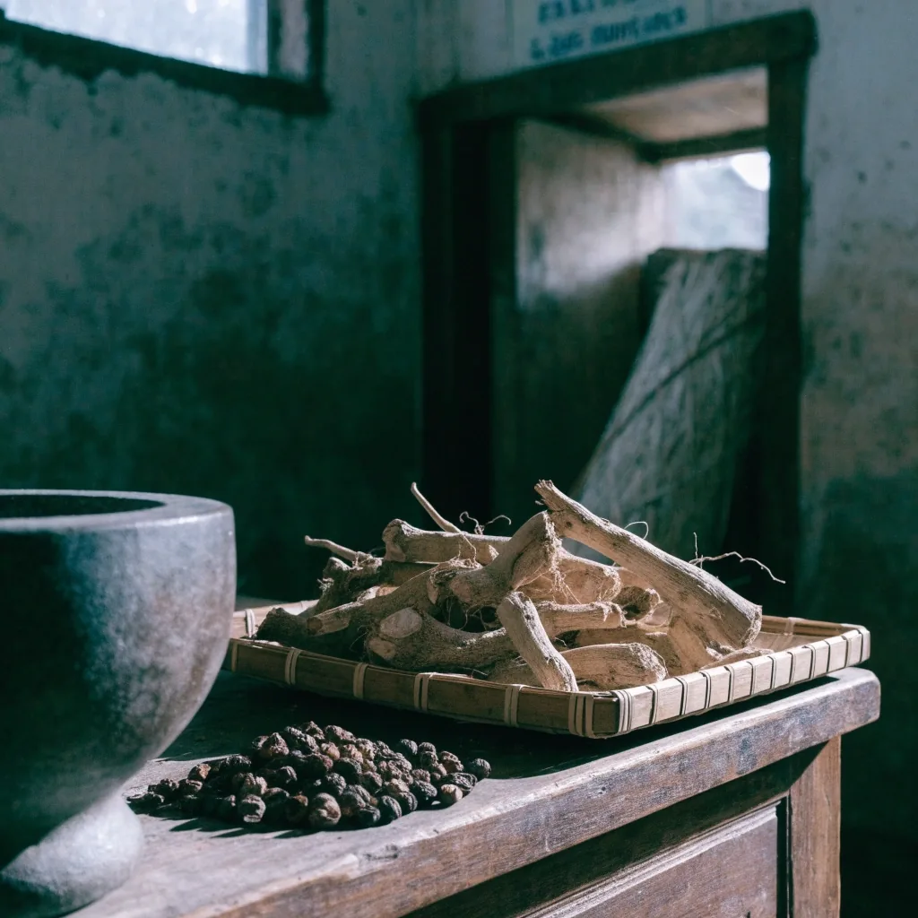 Dried purwoceng root fragments and saw palmetto berry halves on dark cool stone in close macro