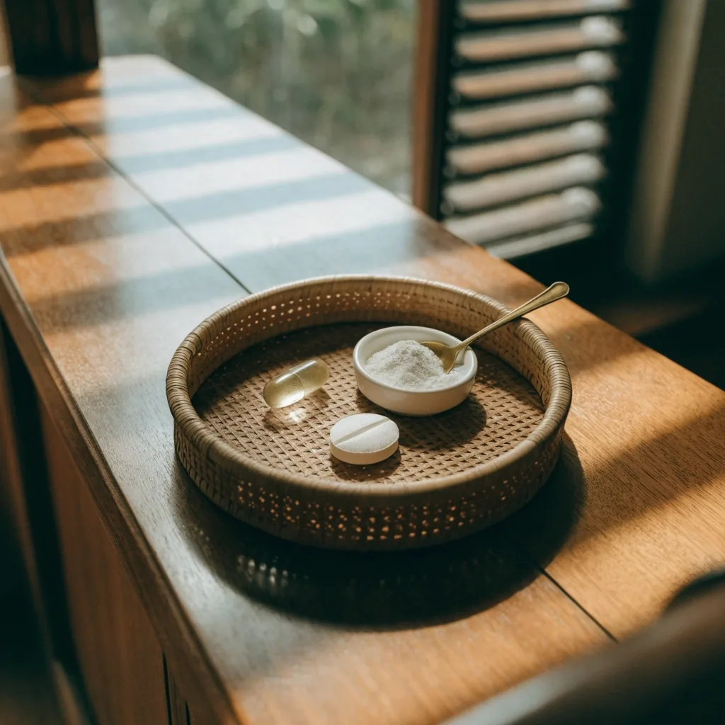 A loose capsule, a pressed tablet and a small mound of powder with a scoop arranged in rows on cool grey paper