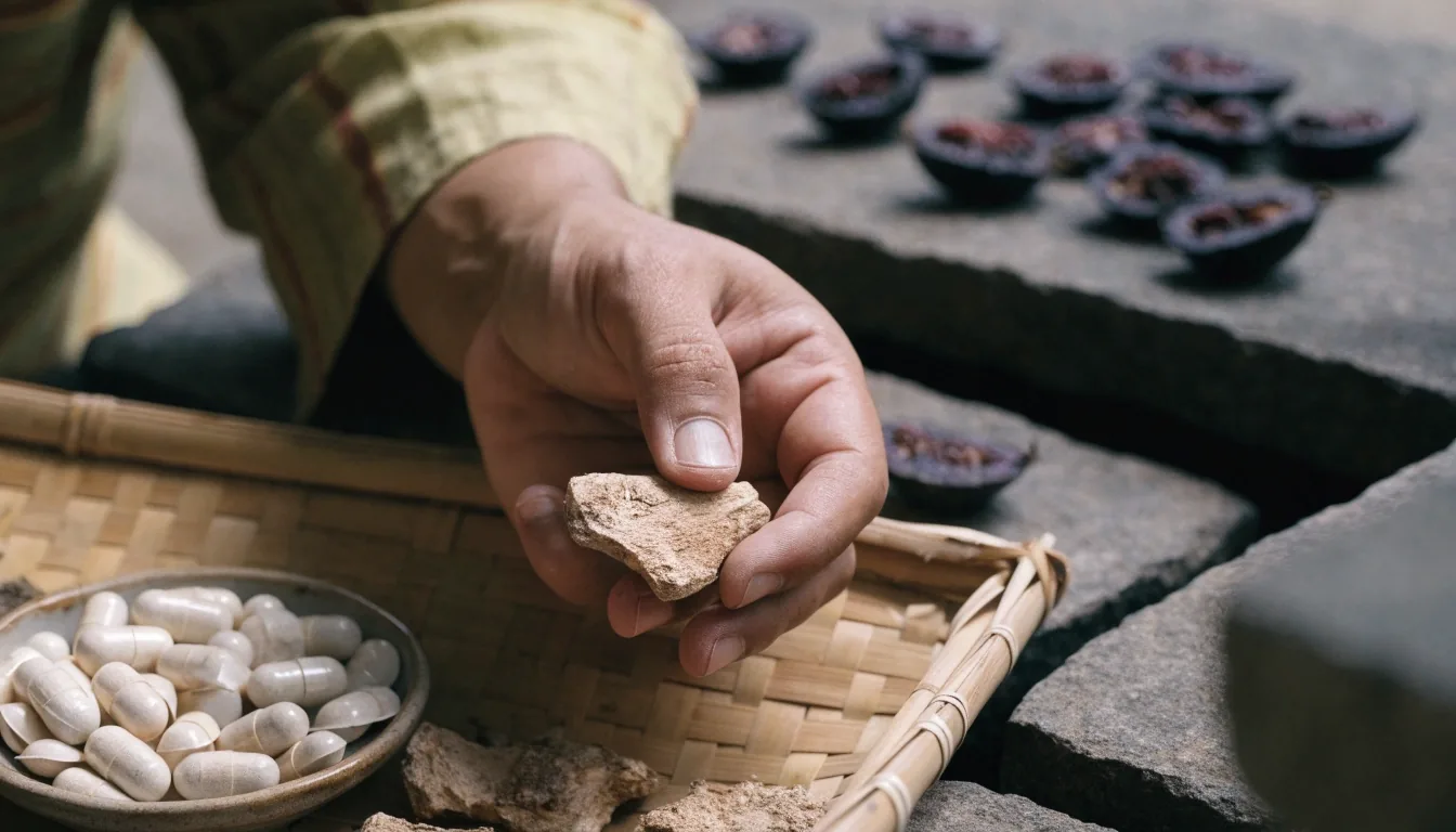 Dried saw palmetto berry halves and purwoceng root fragment arranged on dark cool stone under a single cold shaft of light