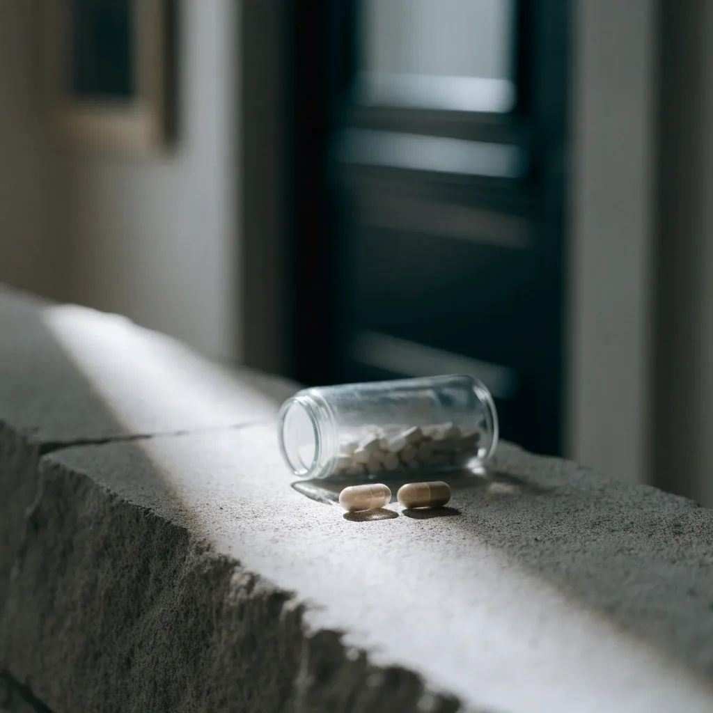 A plain glass supplement bottle and loose capsules on cool stone under a single shaft of daylight