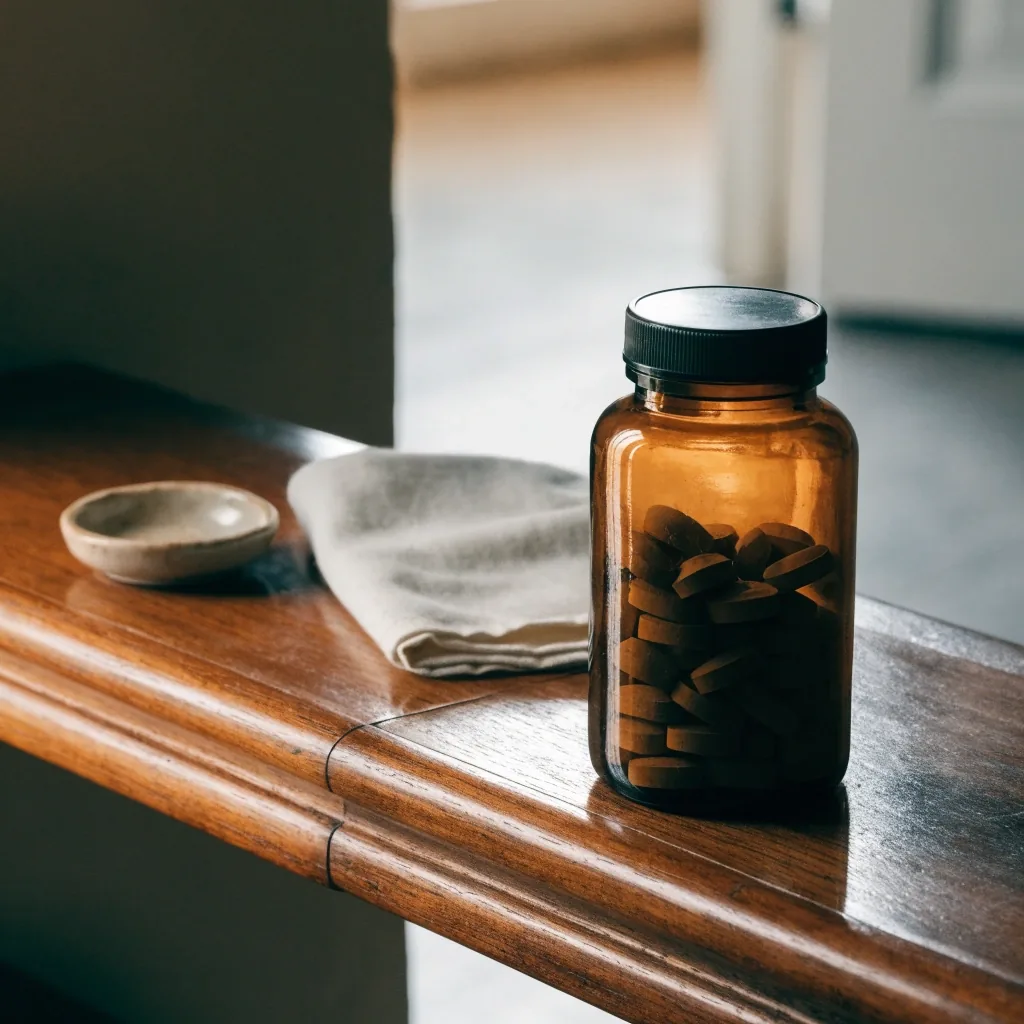 An open ruled ledger and a plain amber supplement bottle on a pine table under cold morning light