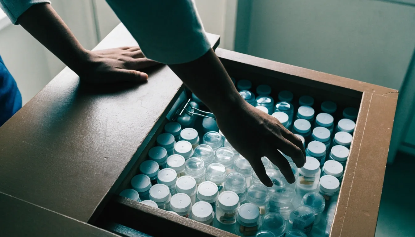A Semarang counter at morning with an open drawer of unbranded supplement containers, hands reaching in, and a blank ledger beside it