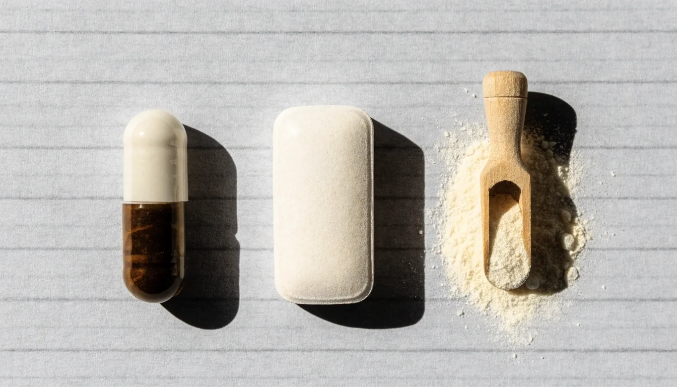 A capsule, a pressed tablet and a small pile of powder with a wooden scoop arranged in three ruled rows on cool grey paper