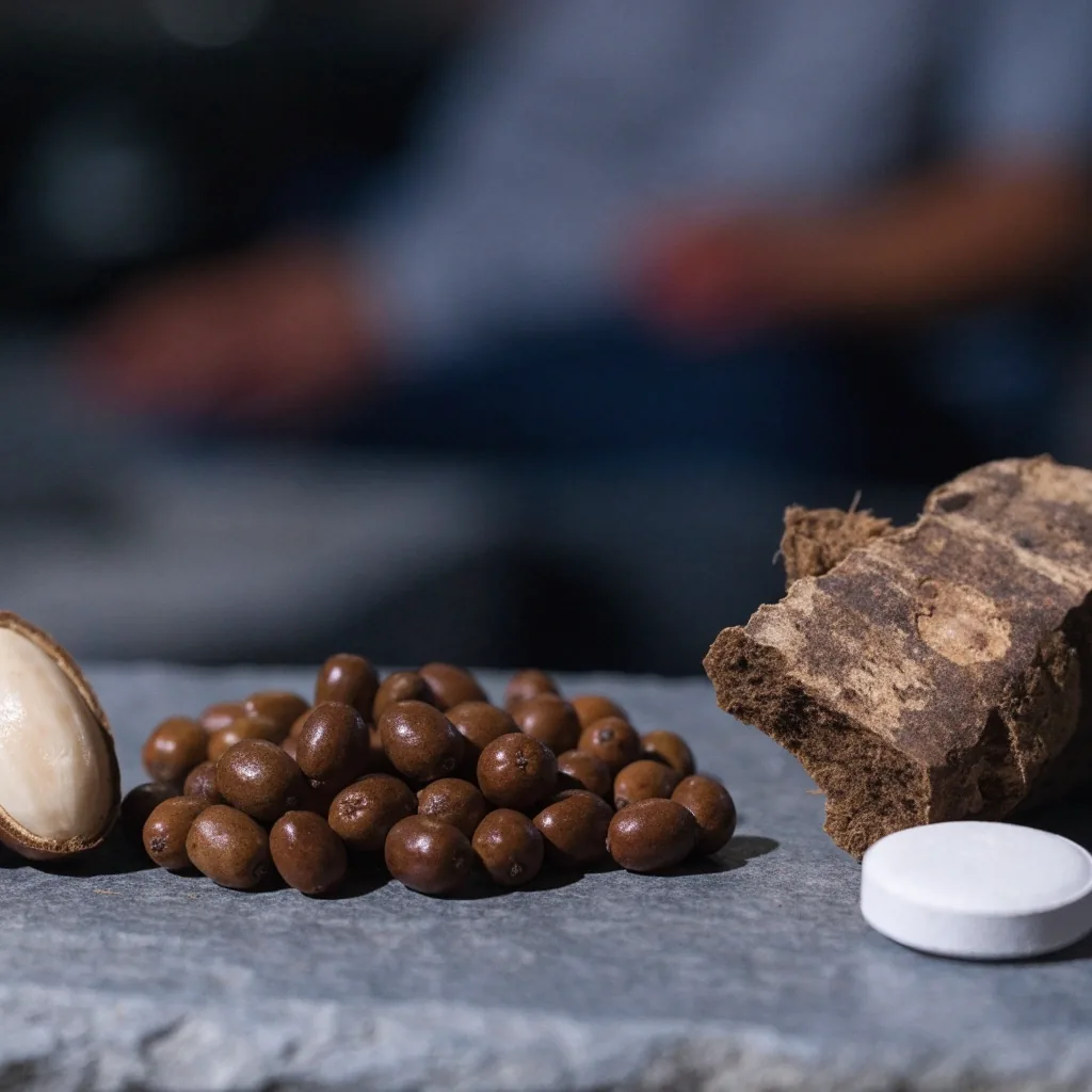 A split saw palmetto berry, a small pile of dried berries and a root fragment on dark stone beside one unlabelled tablet