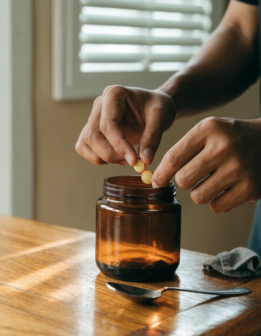 An unbranded open amber jar of pressed tablets beside two loose tablets and a folded cloth on a cool grey surface