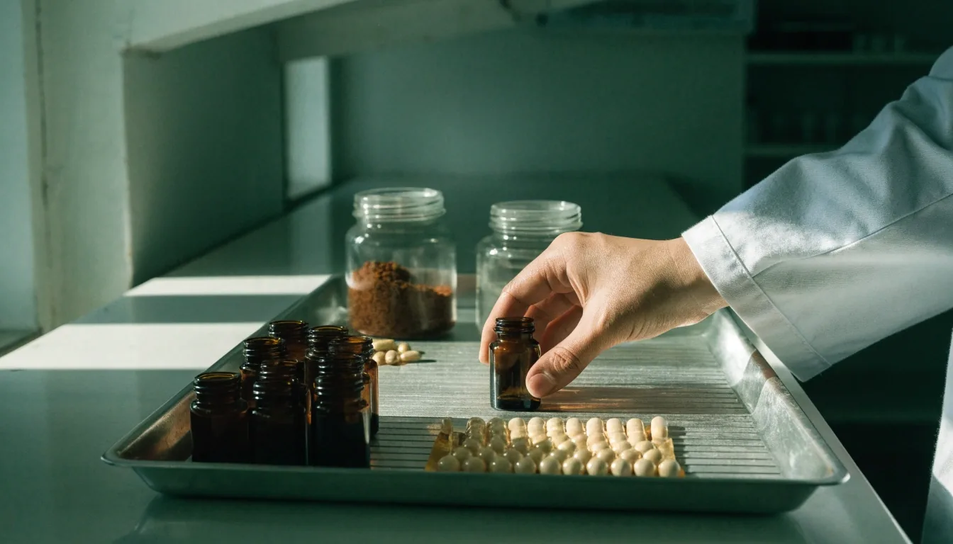 Unbranded supplement containers and a loose capsule arranged in ruled rows on a cool work table under a single window shaft