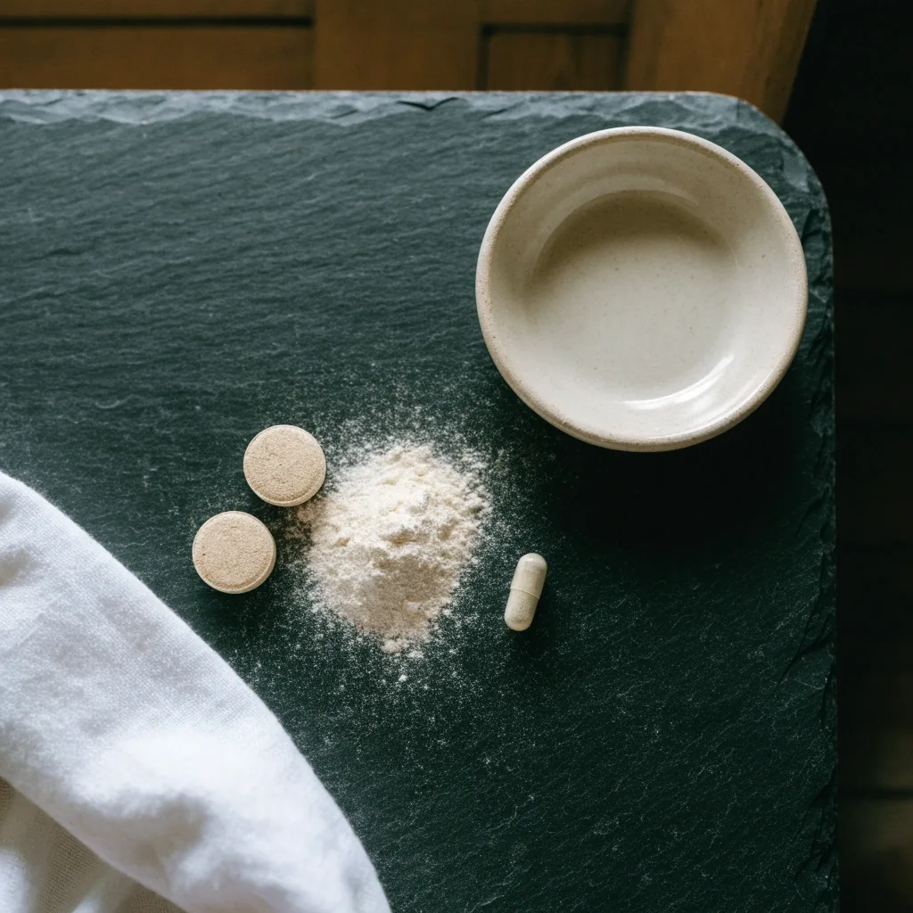 A capsule, a pressed tablet and a scoop of powder arranged in rows on cool paper