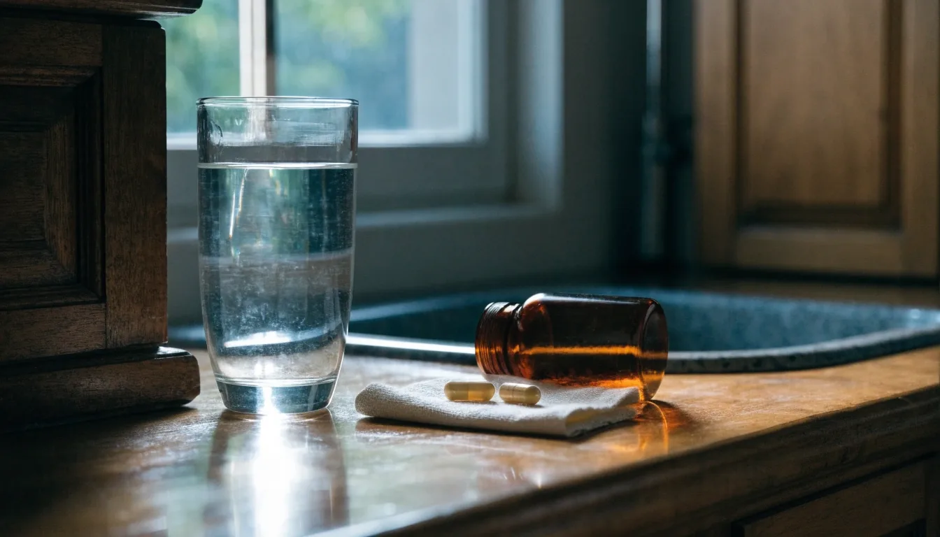An amber bottle, a capsule and a folded packet strip laid out on a workshop table under a cold light shaft